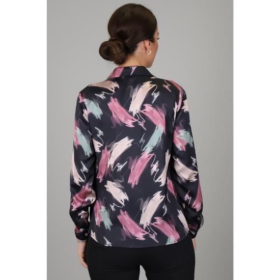 Koszula damska z długim rękawem z satyny Lycra w kolorze różowo-beżowym, wzorzysta DK 1009