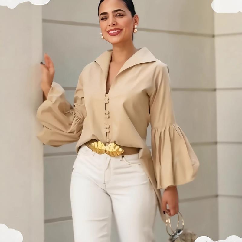 Summer New Style Solid Color Lantern Sleeve Lapel Shirt for Women S хаки