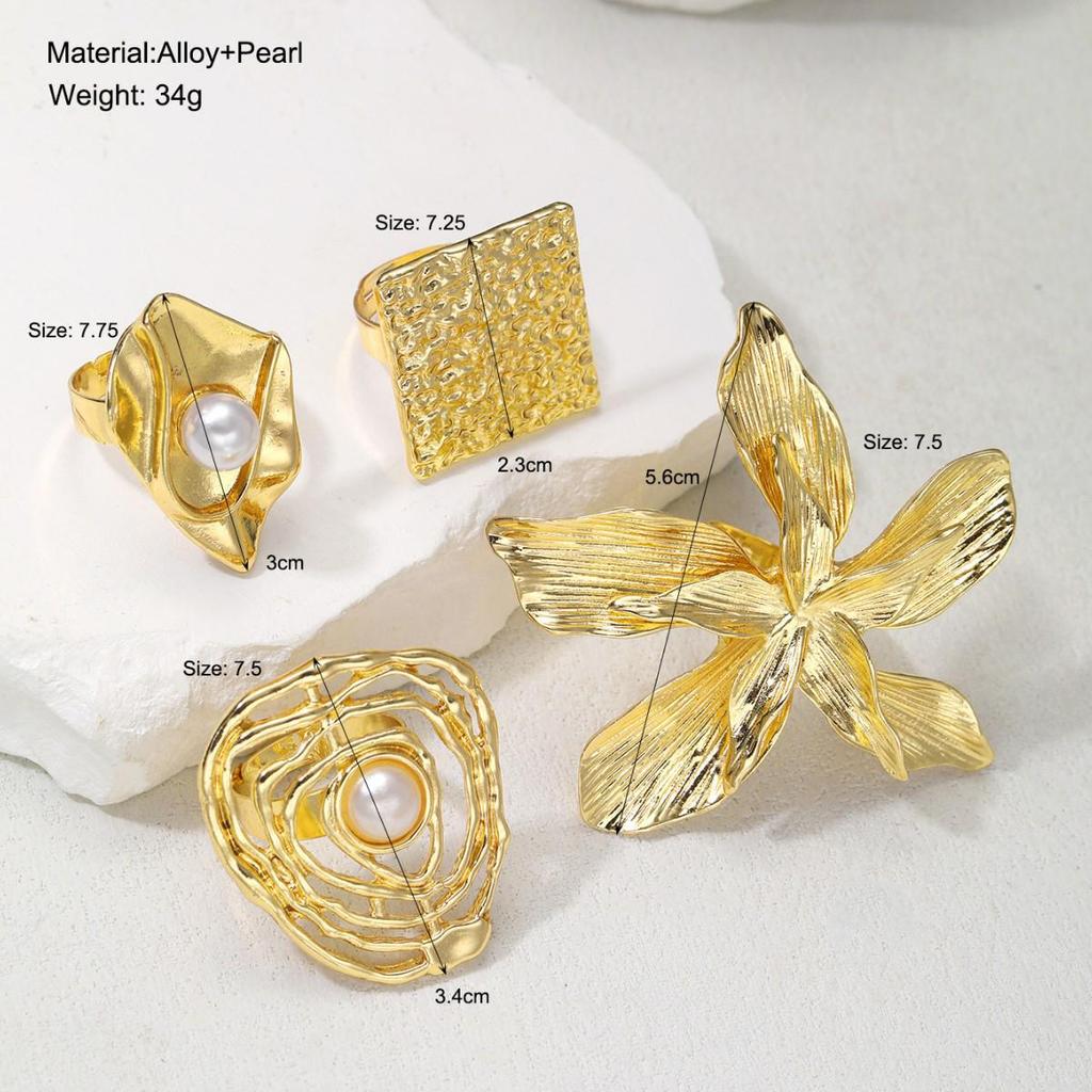 2025 New European & American Irregular Alloy Flower Ring Set - 4-Piece Exaggerated Niche Design for Women