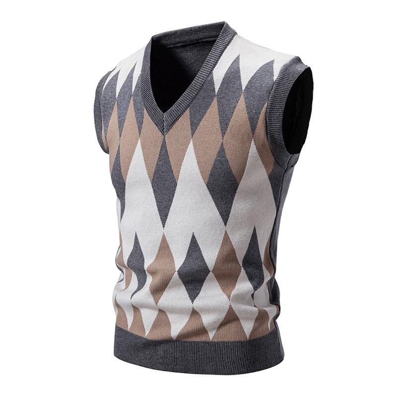 

Men’s Argyle Knitwear Vest V Neck Sleeveless Casual Slim Fit Pullover Knitted Sweater lightweight vests 3XL