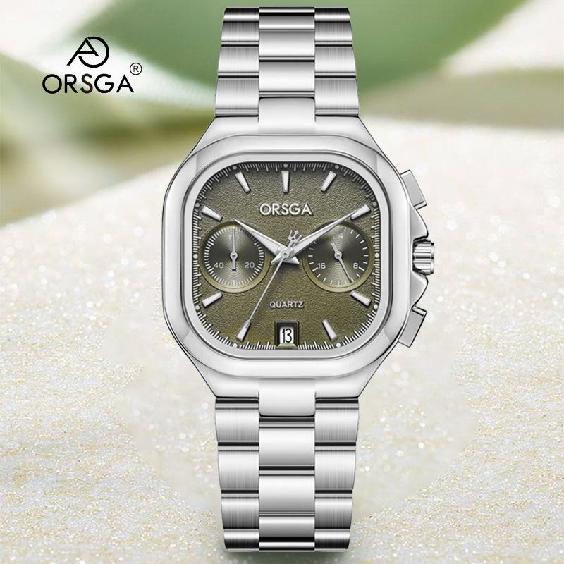 Women's S Elegant Dress Watch with Golden Stainless Steel Band Square Green Dial Waterproof Quartz Wristwatch with Luminous Hand
