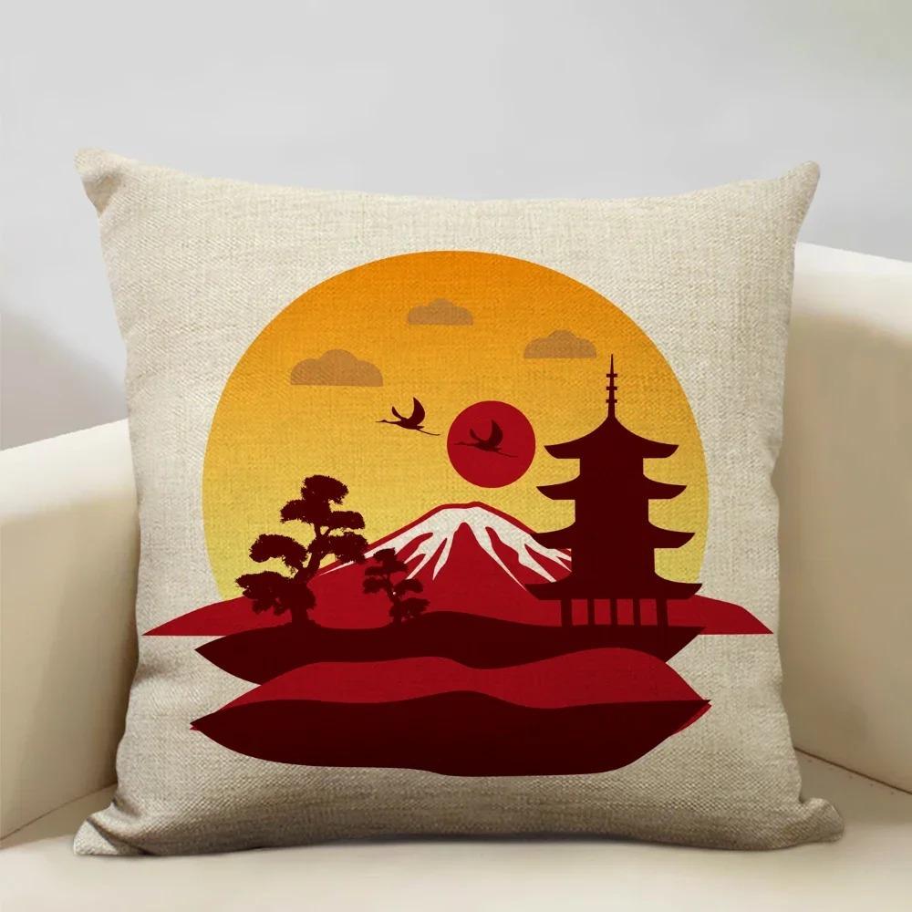 Home Decor Japanese Scenes: Cherry Blossoms & Mt. Fuji Pattern Cushion Cover Suitable for Sofa Bedroom Car Pillow Cover