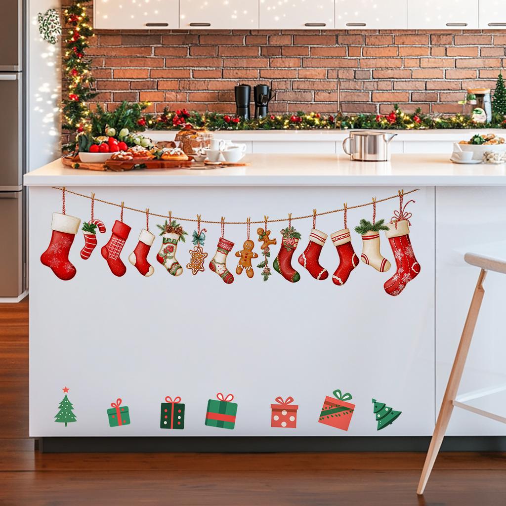 Cartoon Christmas Stocking Gift Box Wall Stickers, Christmas Room Decoration Wall Stickers