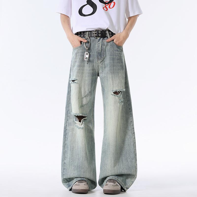 

Рваный узор бамбука Джинсы Скимитар Мужские Летние Широкие штанины 2XL мятный зеленый