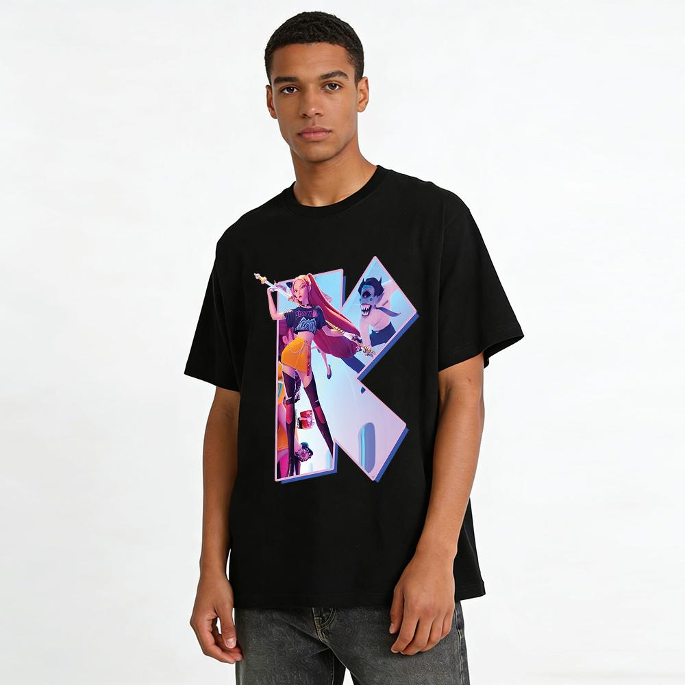 Trendy Anime Cool Girl & Devil Print Short Sleeve T-shirt Unisex Street Style Casual Top Pure Cotton T-shirt