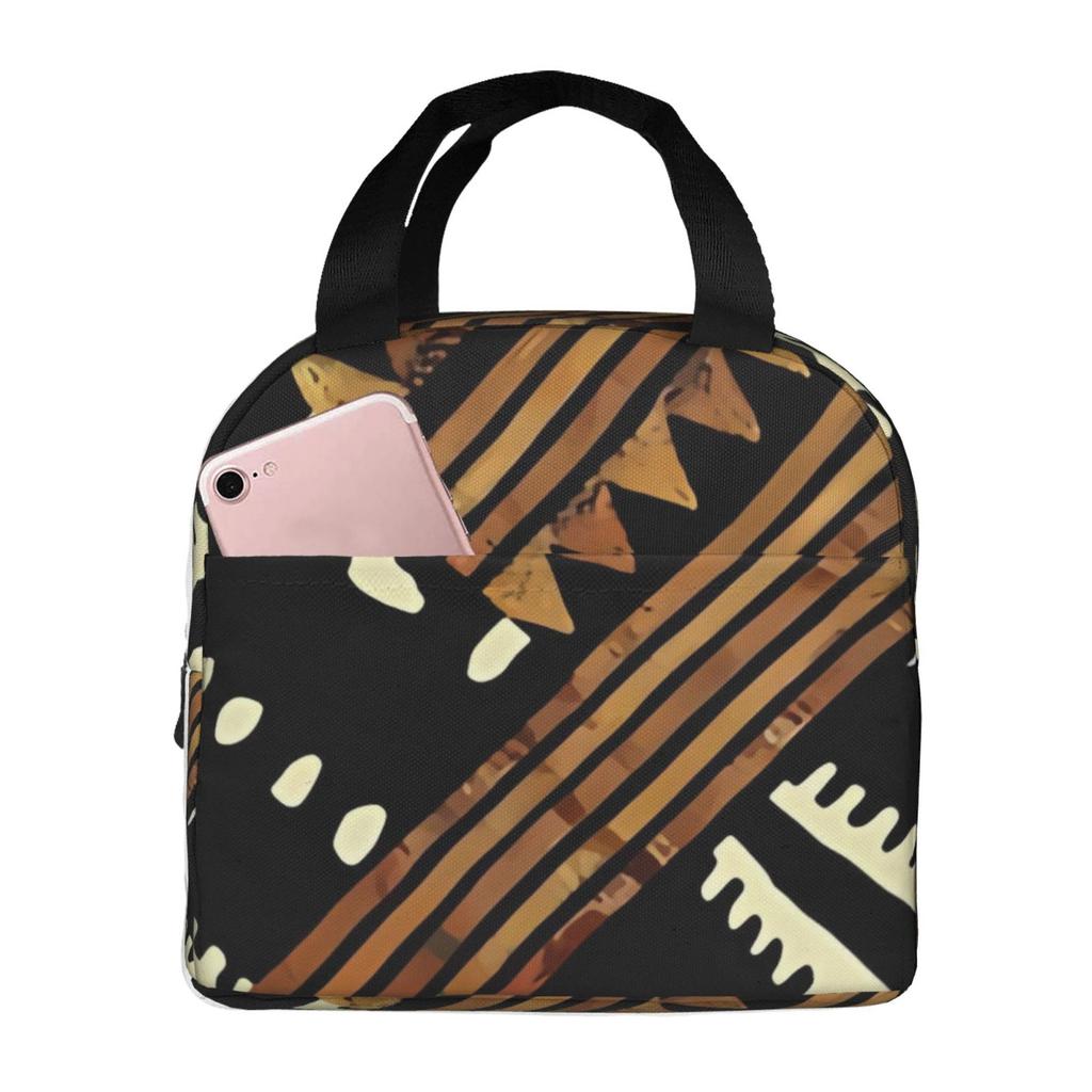 Afrocentric African Series Pattern Print Lunch Tote Bag Insulated Leakproof Lunch Box Container with Front Pocket for Girls Boys