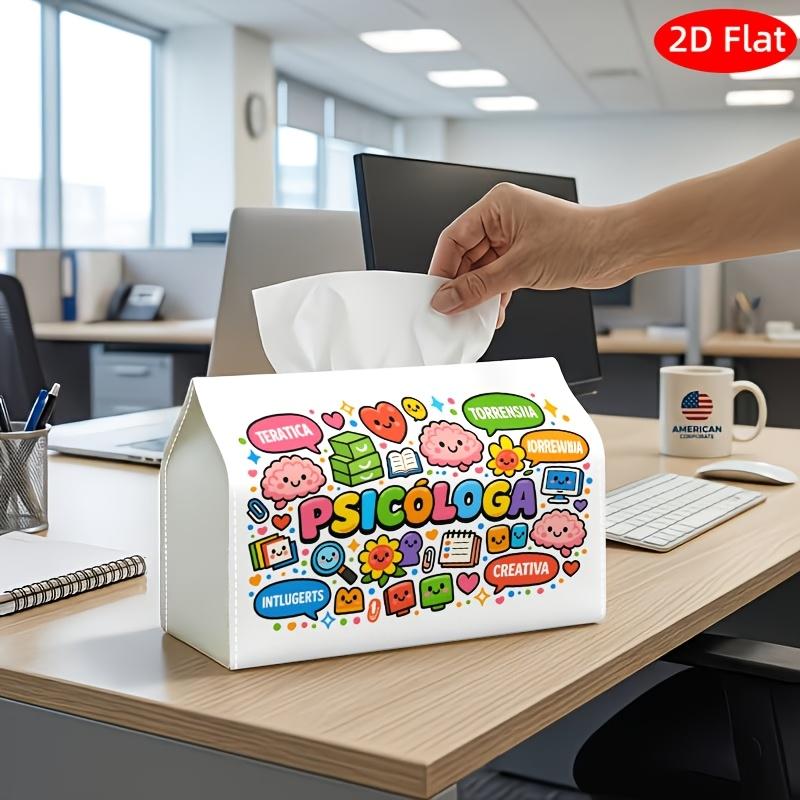 2D Flat, 1pc Tissue Box, Printed on Both Sides, Playful Cartoon Typography Tissue Box Psychology Icons Print Durable Polyester Fabric for Home, Office