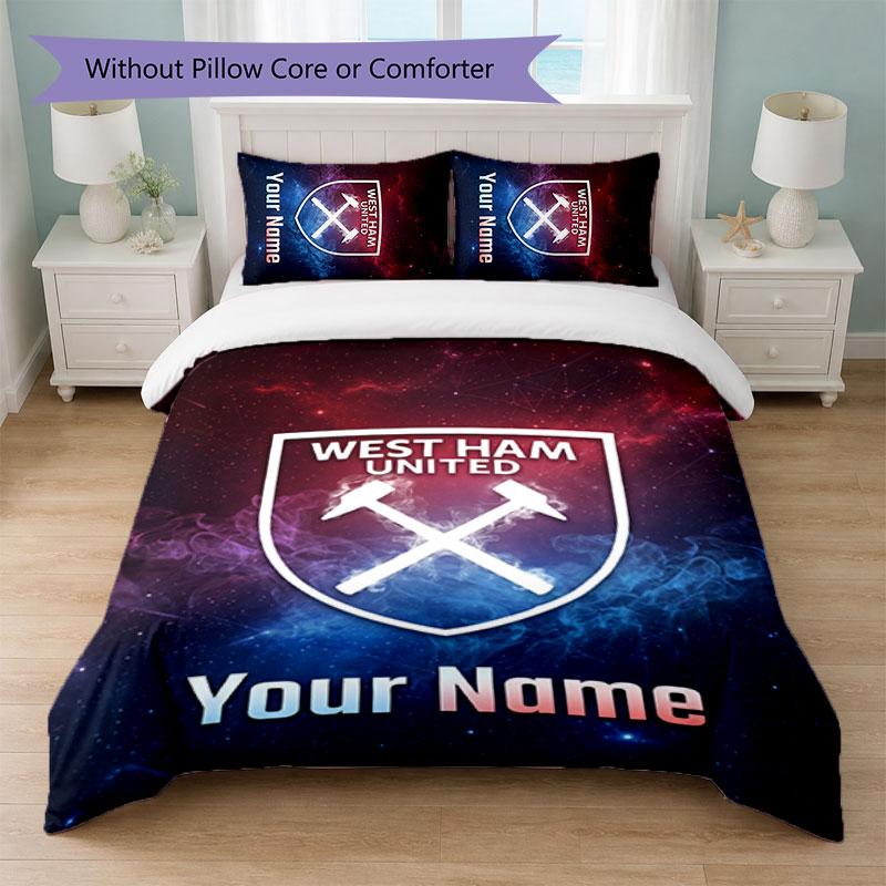 West Ham United FC Individuelles Namens-Text-Bettwäscheset 1 Bettbezug+2 Kissenbezüge Fußball-Logo Personalisierte Geschenkidee für besondere Anlässe Schlafzimmerdekoration