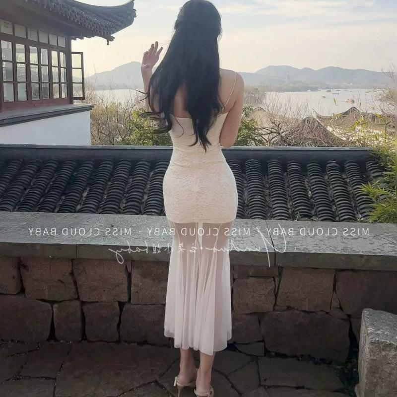 French gentle wind white lace splicing suspender dress vacation style temperament waist slim hip skirt summer