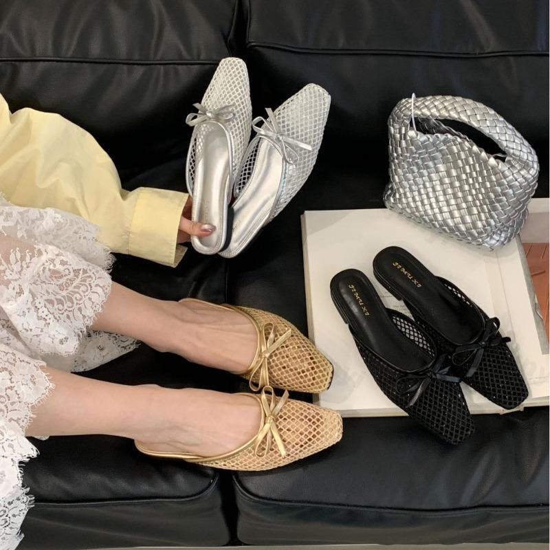 Mode Elegante Schleifen Hohl Lässig Halbschuhe Damen 2025 Sommer Flacher Mund Atmungsaktiv Bequem Schlepper Mode Strandsandalen