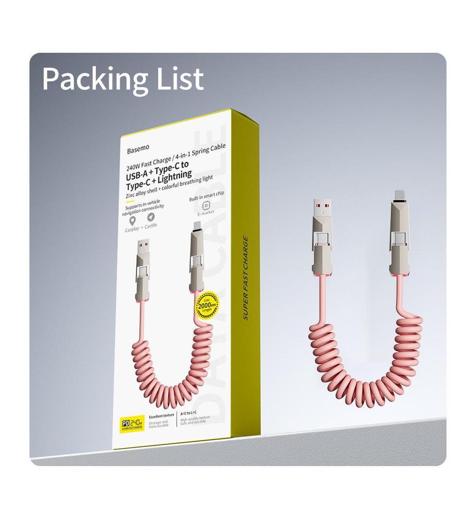240W Cyber Spring 4-in-1 Retractable Data Cable for Apple & Huawei iPhone 16