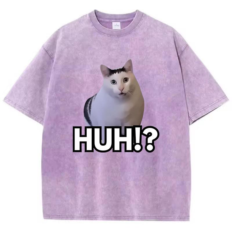 Manga T-Shirt Vintage Gewaschenes Baumwoll-T-Shirt Katze Sagt Huh Anime Grafik-T-Shirt Lässige Streetwear Frühling Sommer T-Shirt