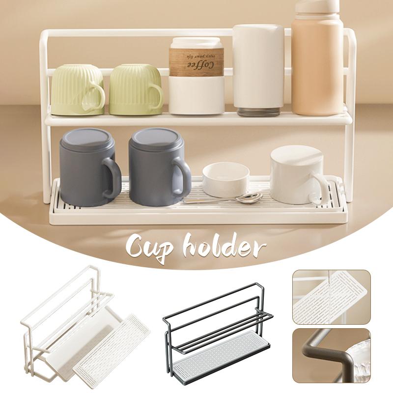 Double-layer Cup Rack with Drain Tray Rack for Kitchen Table Top Glass Cups, Tea Cups, Coffee Cups and Water Cups Organizer Shel