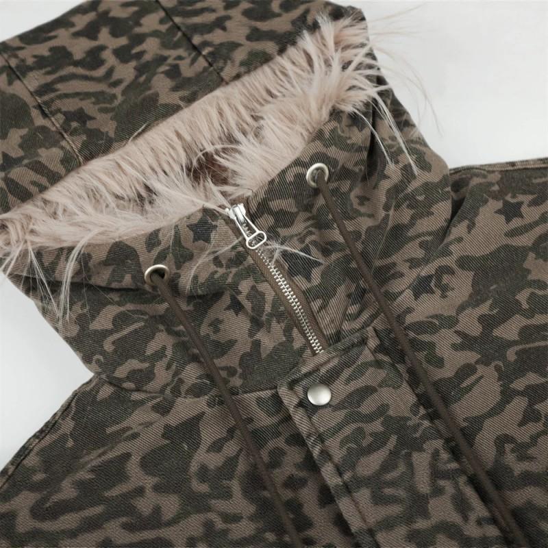 Vintage Mens Camo Hooded Puffer Jacket Loose Fit Winter Casual Warm Coat Young Men