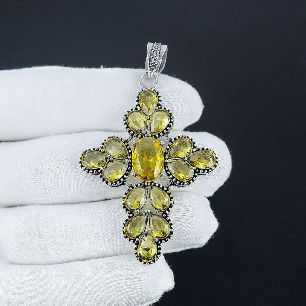 Beautiful Citrine Gemstone Silver Cross Pendant In 925 Sterling Silver - Handmade Pear Design, Everyday Wear Jewelry Gift For Love