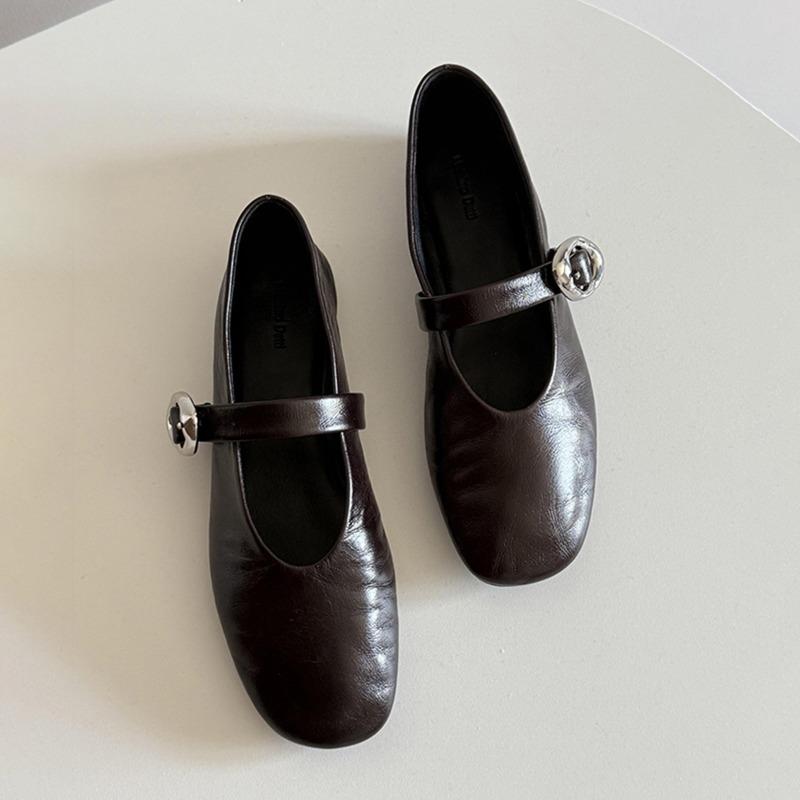 Sheepskin version~ Minimalist retro style versatile round head flat-soled single shoes women's leather shallow mouth one-word buckle Mary Jane shoes