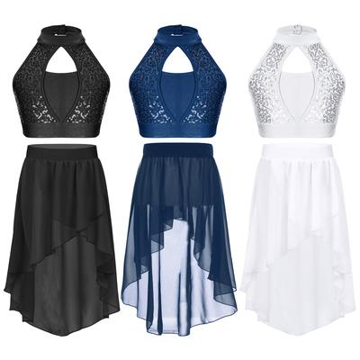 Costume de Performance Deux Pièces pour Enfants Top Court à Paillettes Devant Creux Dos Trou de Serrure Jupe Irrégulière en Mousseline Ensemble Tenue de Danse