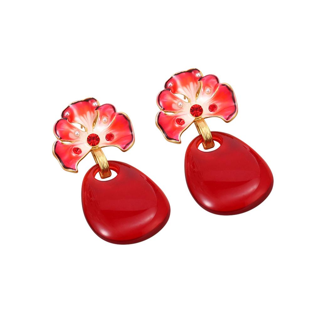 New Chinese Style National Style Enamel Spring Color Pearl Burgundy Flower Earrings New High-end Temperament Fashionable Retro Earrings