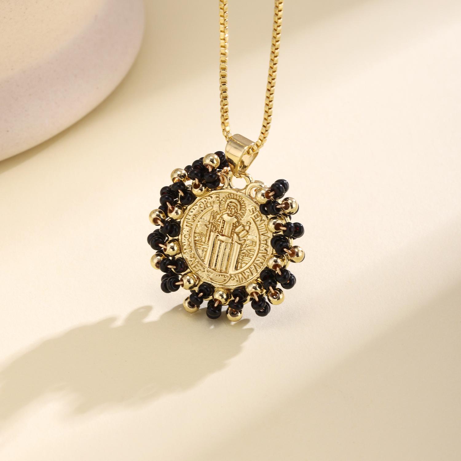 

Nidin New Trendy St. Benedict Medal Pendant Necklace Round Shape Beaded Catholic Protection Jewelry Religious Gift For Men Women чорний
