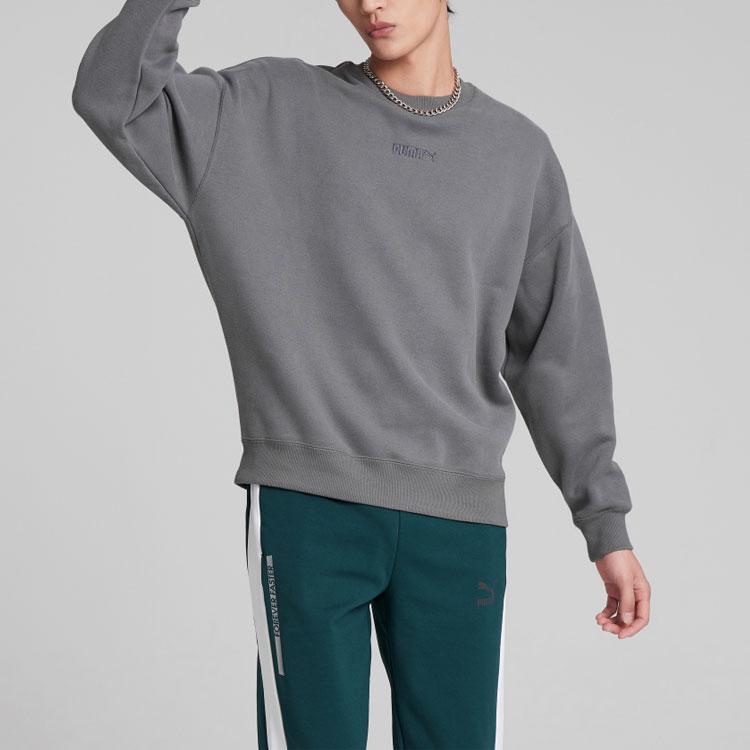 PUMA Solid Color Logo Embroidered Pullover Crew Neck Sweatshirt Men Tops Grey 534365-44
