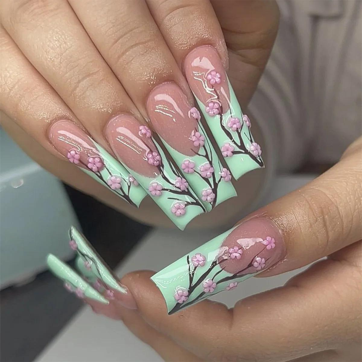

24Pcs Extra Long Square Press On Nails, Nude with Mint Green French Tips & 3D Pink Cherry Blossom Fake Nails United States
