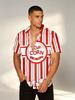 Printed Design – Not Textured Men's Stylish Shirt, Red and White Striped Popcorn Print Short Sleeve Shirt, Men's Lapel Collar Open Front Fun Pattern