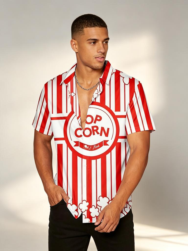 Printed Design – Not Textured Men's Stylish Shirt, Red and White Striped Popcorn Print Short Sleeve Shirt, Men's Lapel Collar Open Front Fun Pattern