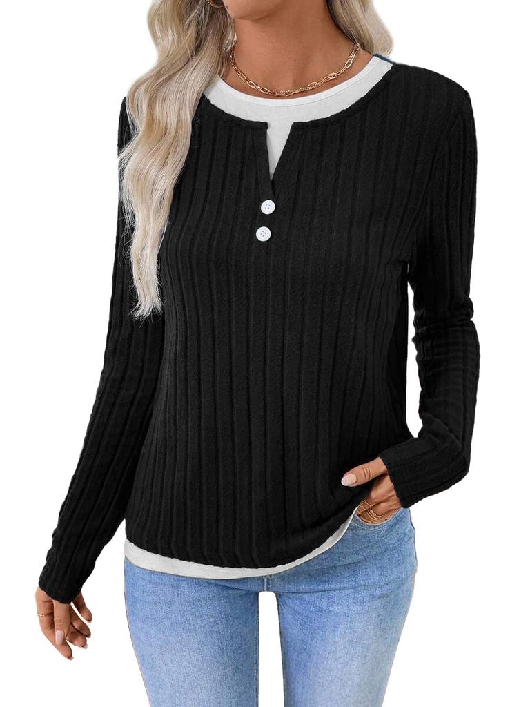 Autumn and Winter New Women's Fake Two-piece Crew Neck Button Pullover Polished Long-sleeved T-shirt