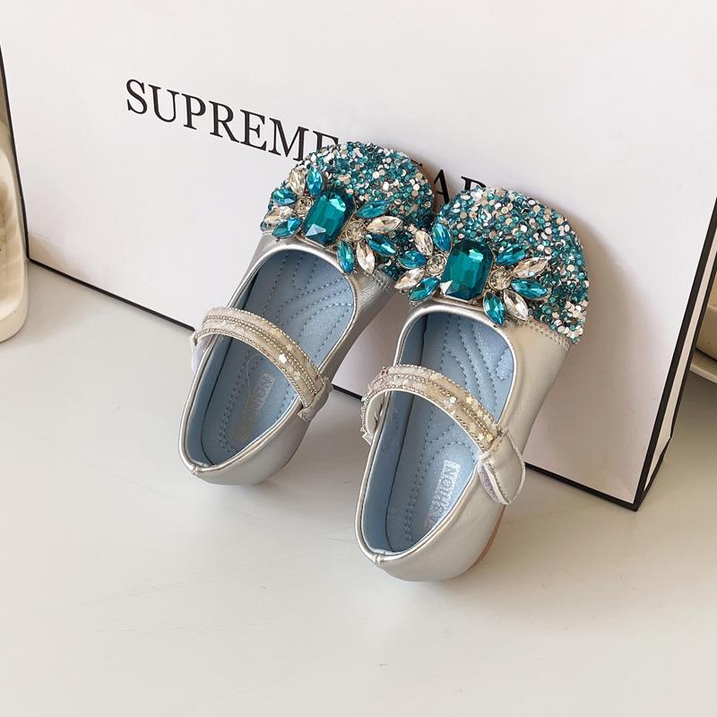 Girls Princess Shoes Shiny Sequins Crystal Kids Dance Shoes Wedding Performance 2025 Spring Autumn Girls Leather Shoes Non-slip