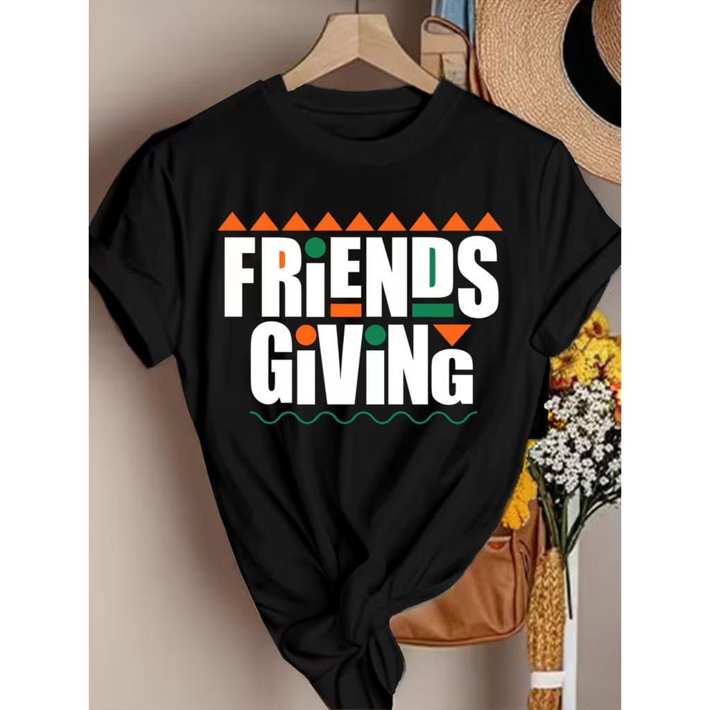 Friends Print T-Shirt, Casual Short Sleeve Crew Neck Top Stylish All Season Women'S Clothing