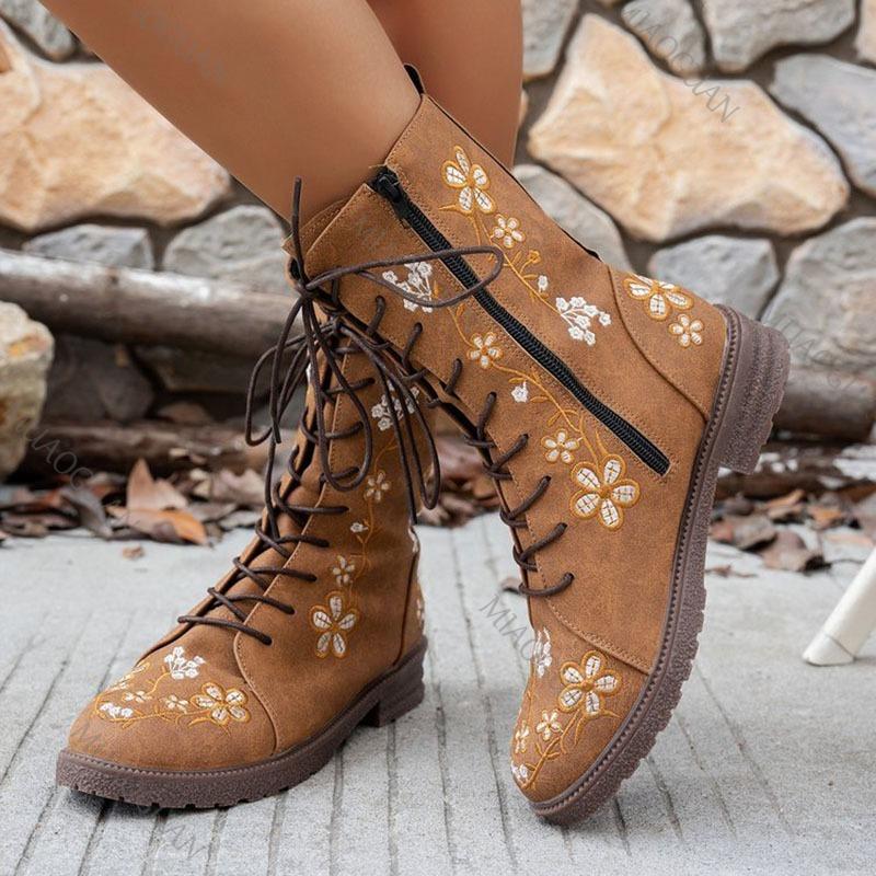 Woman Ankle Boots Retro Embroidery Spring Autumn Shoes Women Casual Thick Low Heel Side Zip Western Round Head Fashion Botines
