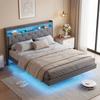 Bed frame 140 x 190 cm with steel base, floating double bed with RGB LED lights and charging station, grey