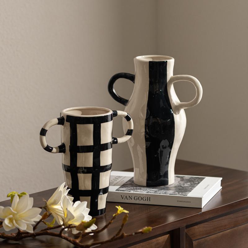 Ceramic Vase Geometric Check Pattern Flowerpot with Handle Flower Arrangement Accessories Terrarium Home Decoration