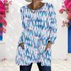 Women Plus Size Round Neck Printed Long Sleeve T Shirt Blue Brown Loose Fit Longline With Pockets