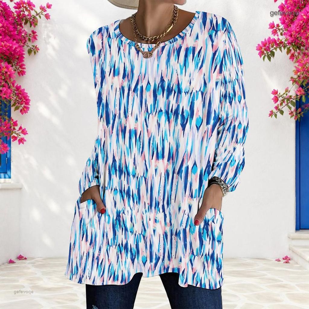 Women Plus Size Round Neck Printed Long Sleeve T Shirt Blue Brown Loose Fit Longline With Pockets