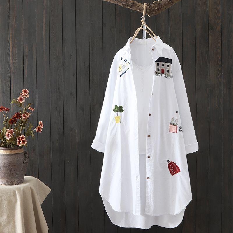 Korean Style Cotton Embroidered Long Sleeve Casual Shirt for Women