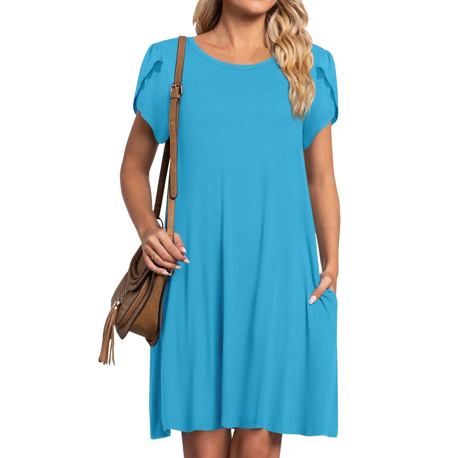 

Women s Summer Round Neck T-shirt Round Neck Petal Sleeve Solid Color Dress With Pockets L синий