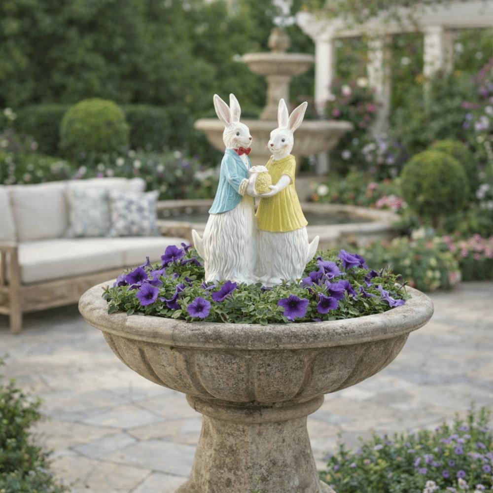 Wood Grain Resin Easter Bunny Decorations Simulation Design Bunny Couple Statue Tabletop Display