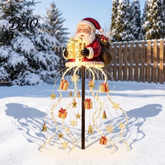 Weather Resistant Christmas Lawn Decor Solar Santa Claus Garden Light, LED Holding Gift Box Yard Stake Winter Wonderland with Cascading String Lights
