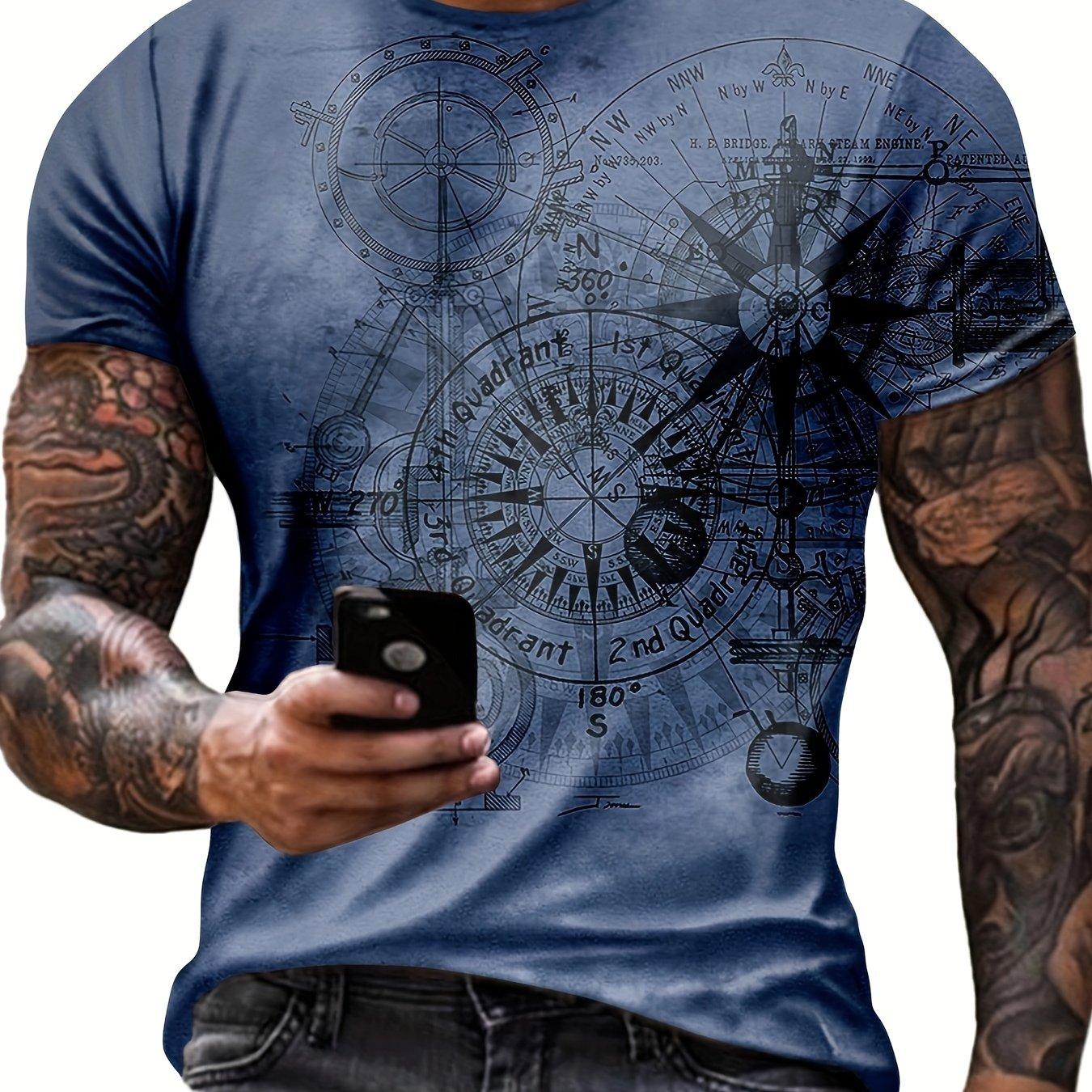

Мужская футболка с круглым вырезом и коротким рукавом в стиле ретро-скетча с графическим узором в виде компаса, шикарные и стильные топы для повседневной летней одежды, футболки для мужчин M