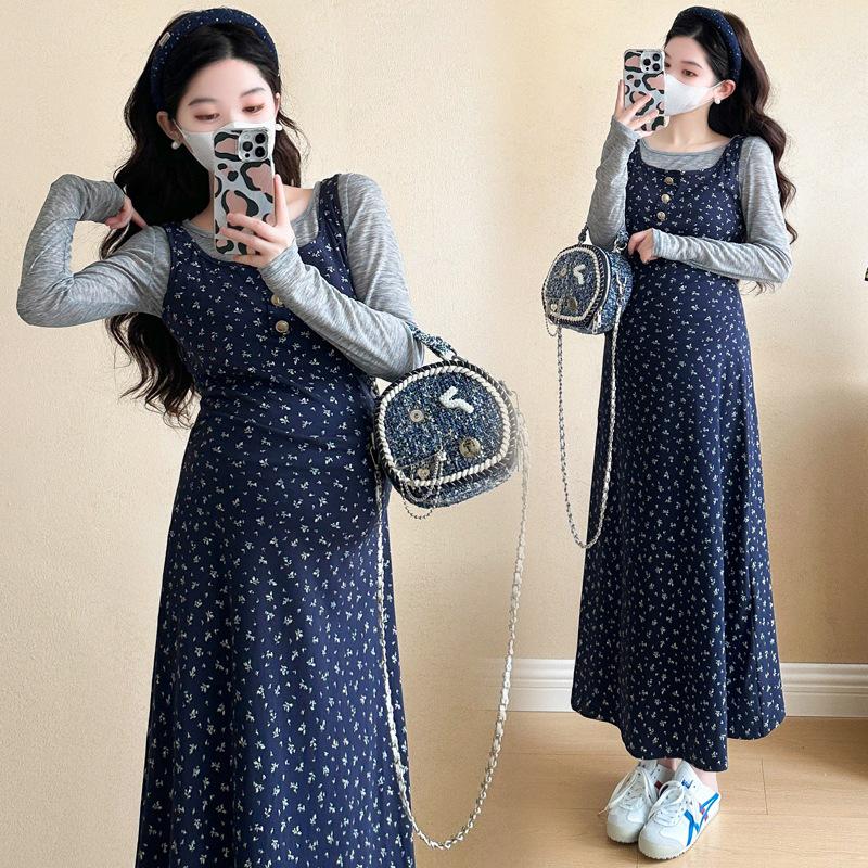 Frühling 2025 Schwangerschaft Koreanisch Elegant Blau Floral Taillenbetonendes Weste-Kleid Set