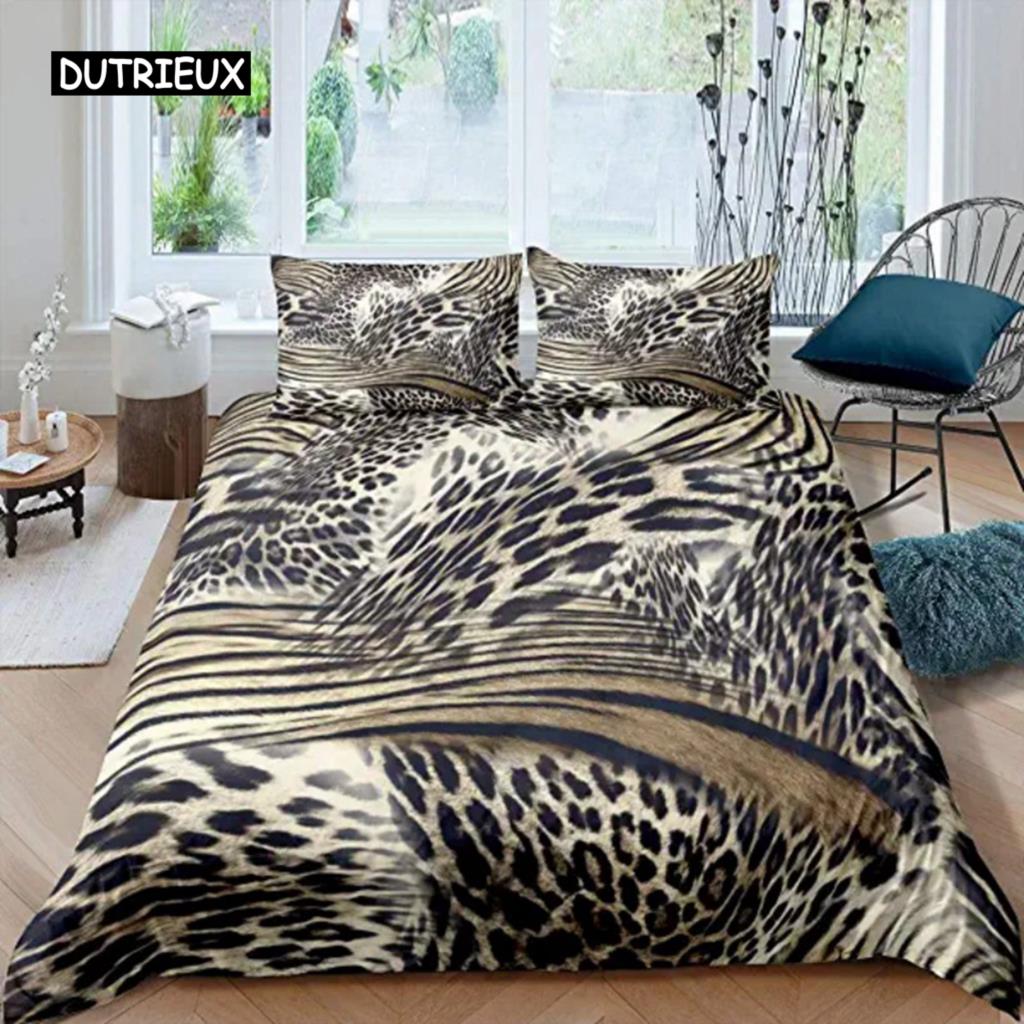Leopard Print Duvet Cover Safari Cheetah Africa Animal Bedding Set Men Women Bedroom Decor Black and Brown Leopard Quilt Cover