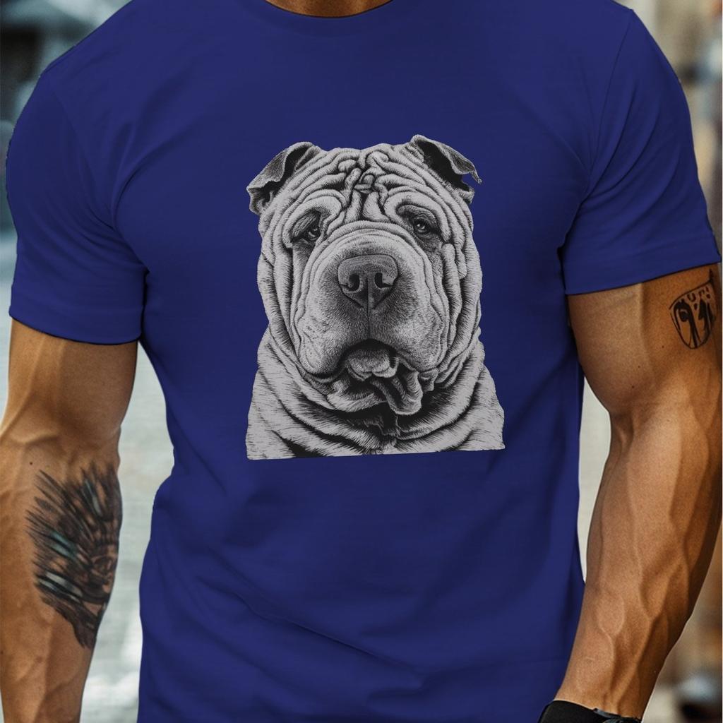 Shar Pei Dog Face Line Art Graphic Mens Cotton TShirt Breathable Casual Short Sleeve Tee