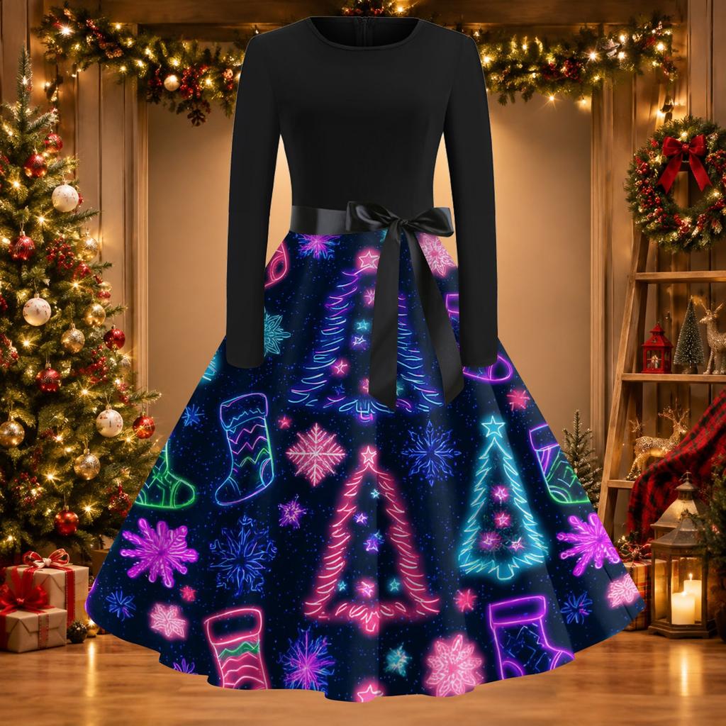Women's Vintage Christmas Print Round Neck Casual Dress