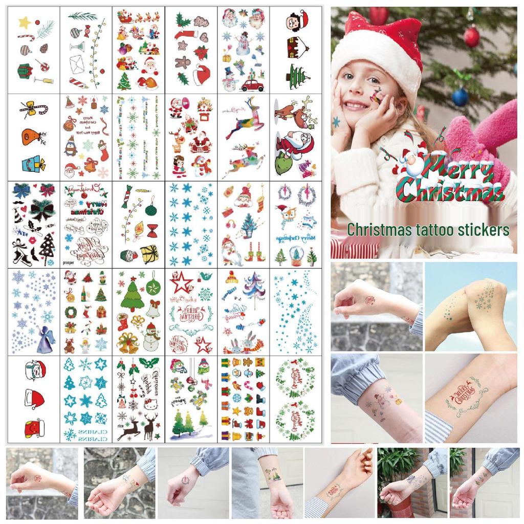 Christmas Santa Reindeer & Penguin Cute Cartoon Tattoo Stickers with English Letters