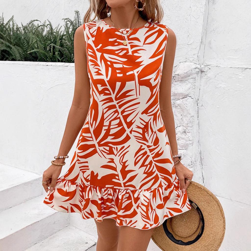 Women Summer Casual Casual Sleeveless Leaves Printed One Piece Dress