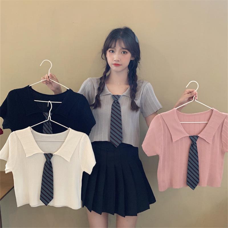 2024 Summer Korean Style Slimming Polo Collar Knitted Short Sleeve Top for Women