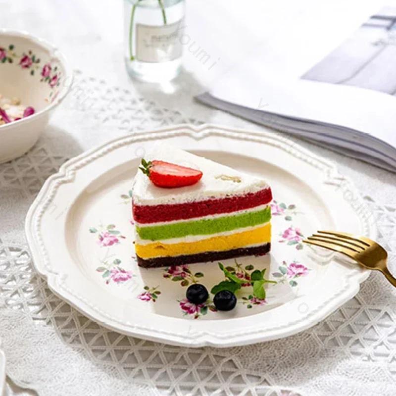 French Style Rose Ceramic Plates Light Luxury Restaurant Dessert Salad Bowls Delicious Dishes Dining Plate Exquisite Tableware