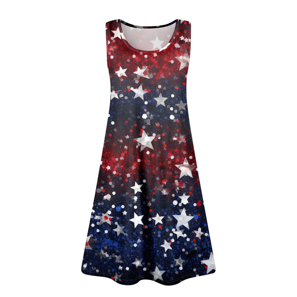Women's Sleeveless Patriotic Flag Dress with Pockets Red, White, and Blue Stars Summer Casual Sundress