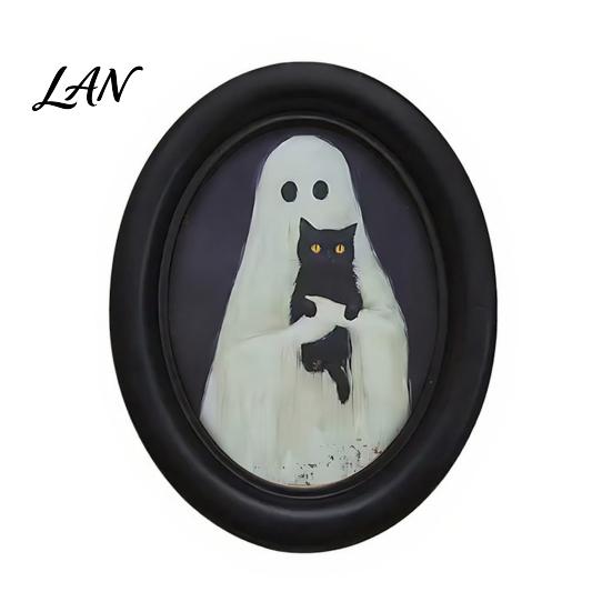 Ghost Oil Painting Print Halloween Wall Art, Cute Table Sign, Vintage Oval Framed Decor Picture, Decorative Art for Mantel Living Room Bedroom